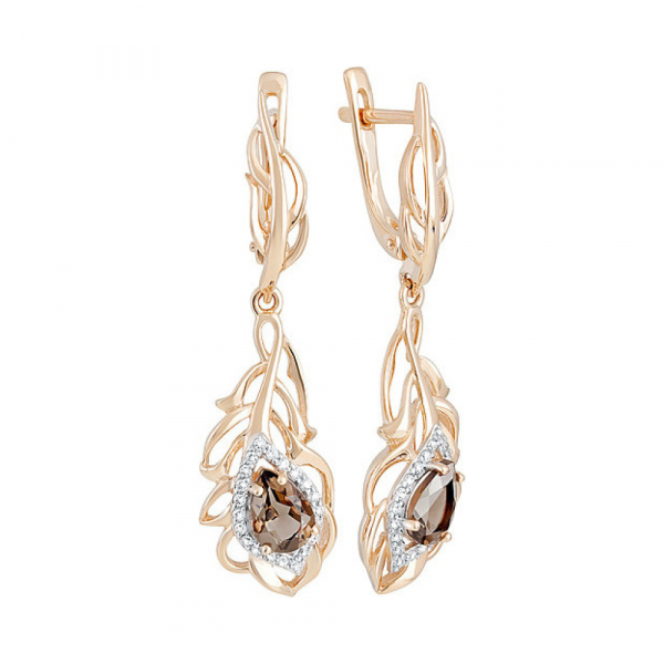 Золотые серьги с раухтопазом и фианитом № 121134