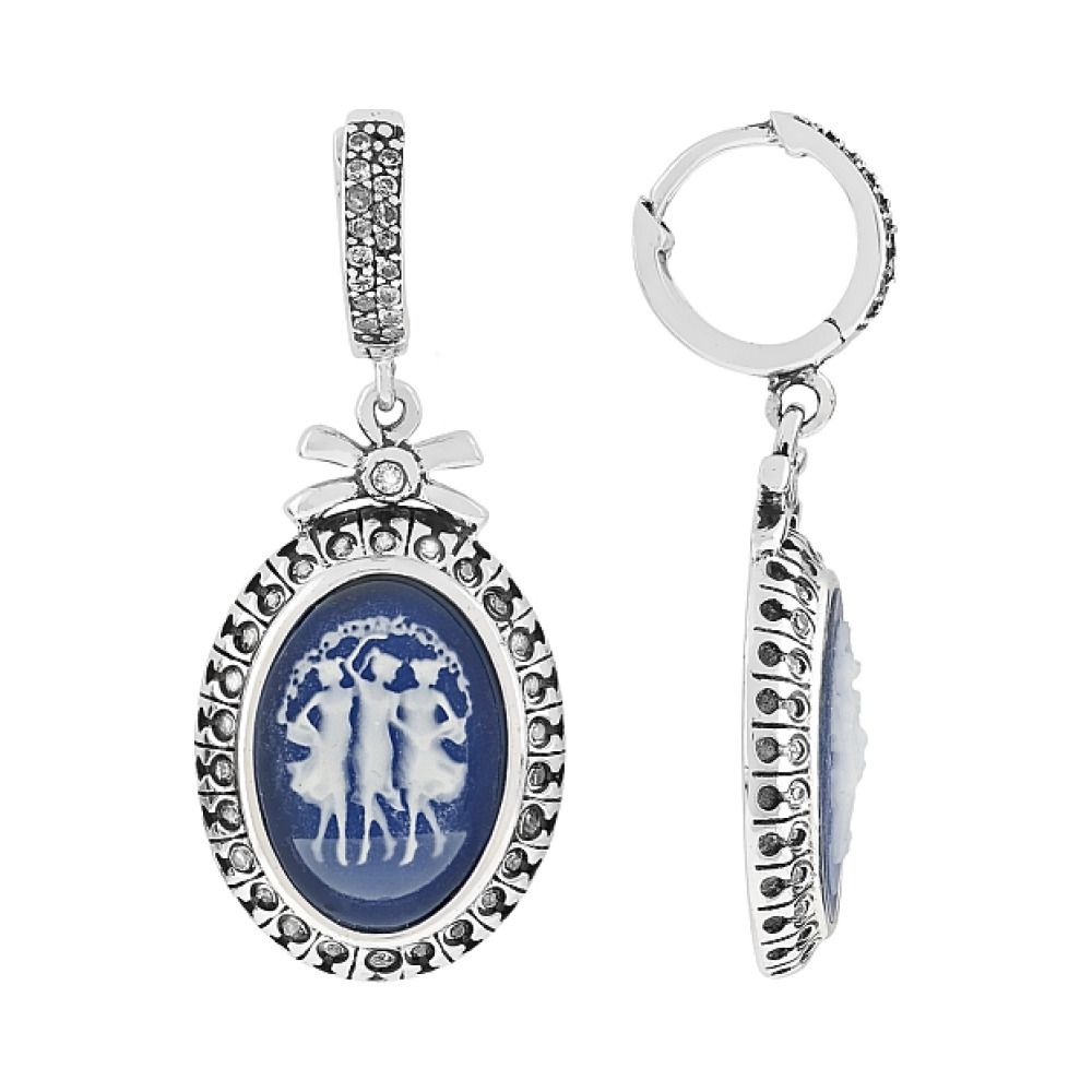 Серебряные серьги с карбоном и фианитом № 108425