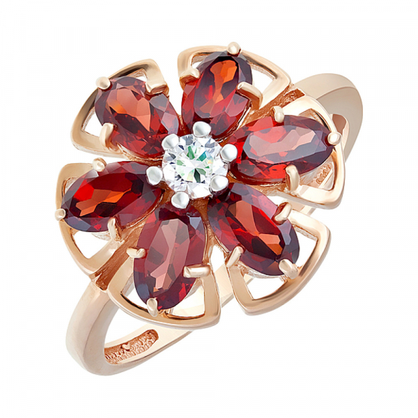 Золотое кольцо с гранатом и фианитом № 117952