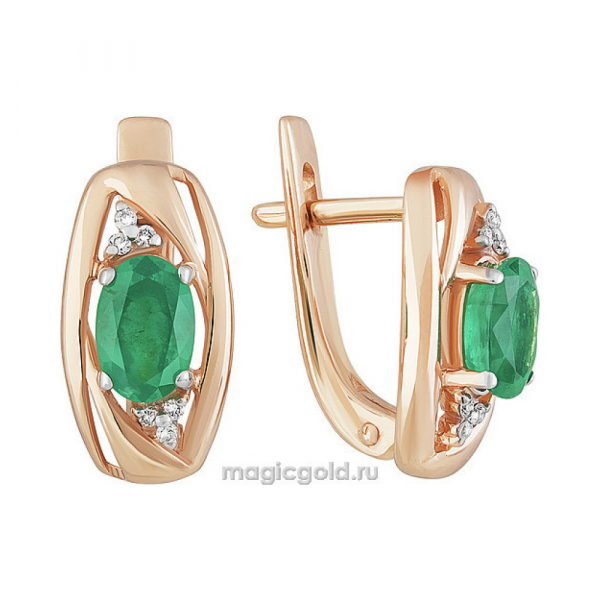 Золотые серьги с бриллиантом и изумрудом № 158879