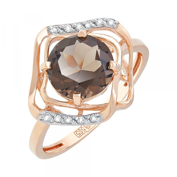 Золотое кольцо с раухтопазом и фианитом № 113902