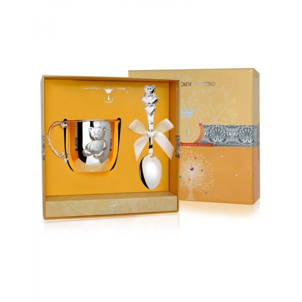 Набор детский Мишка: кружка и ложка из серебра 925 пробы