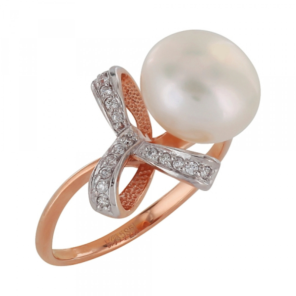Золотое кольцо с бриллиантом и жемчугом № 100046