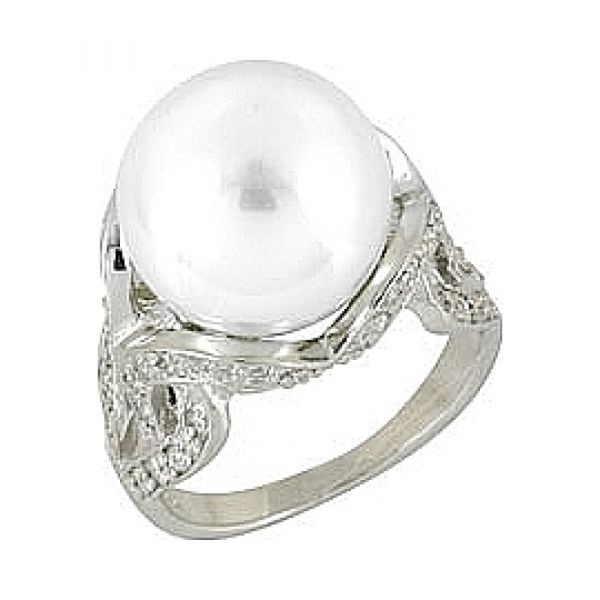 Серебряное кольцо с имитац. жемчуга и фианитом № 66880
