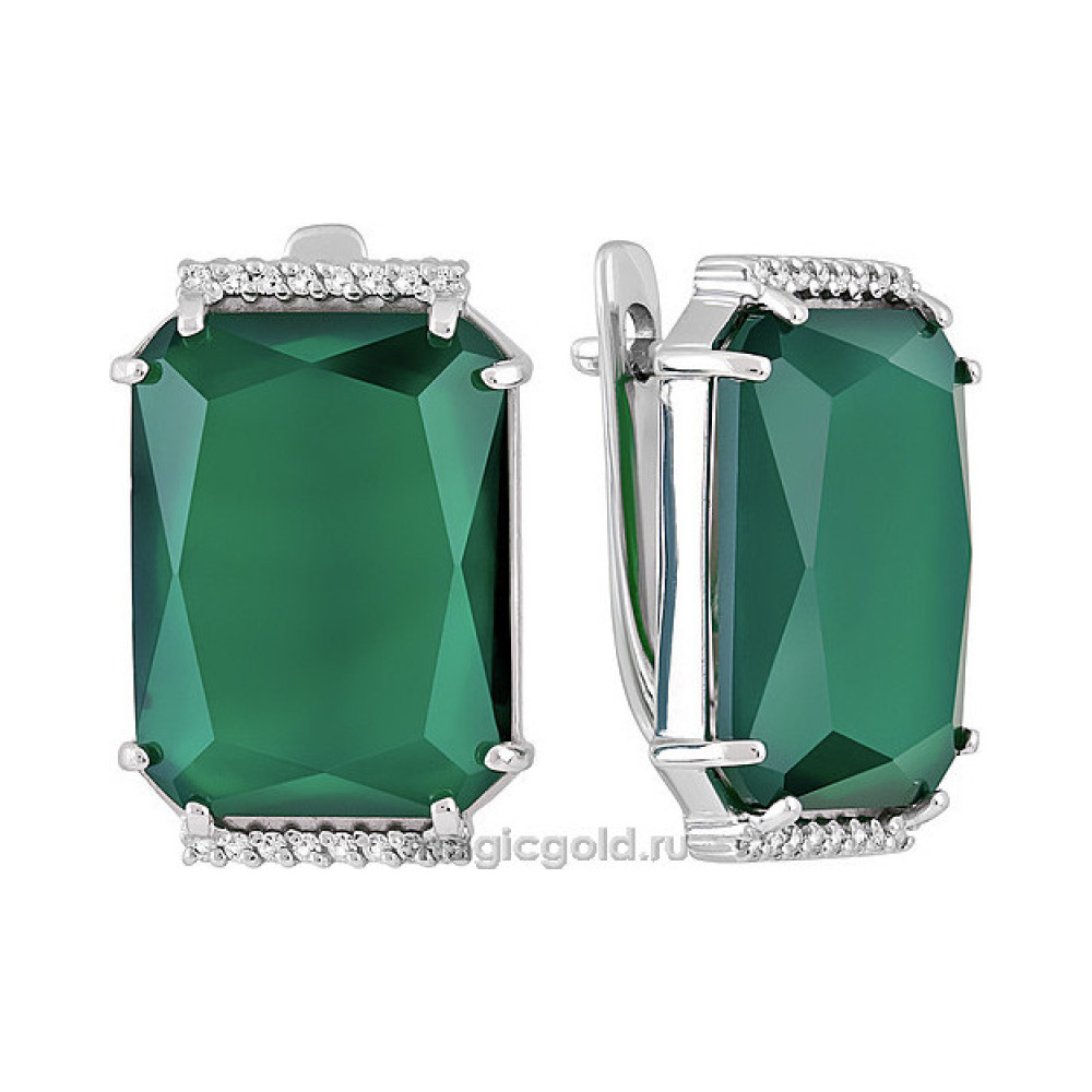 Серебряные серьги с зеленым ониксом и фианитом № 140088