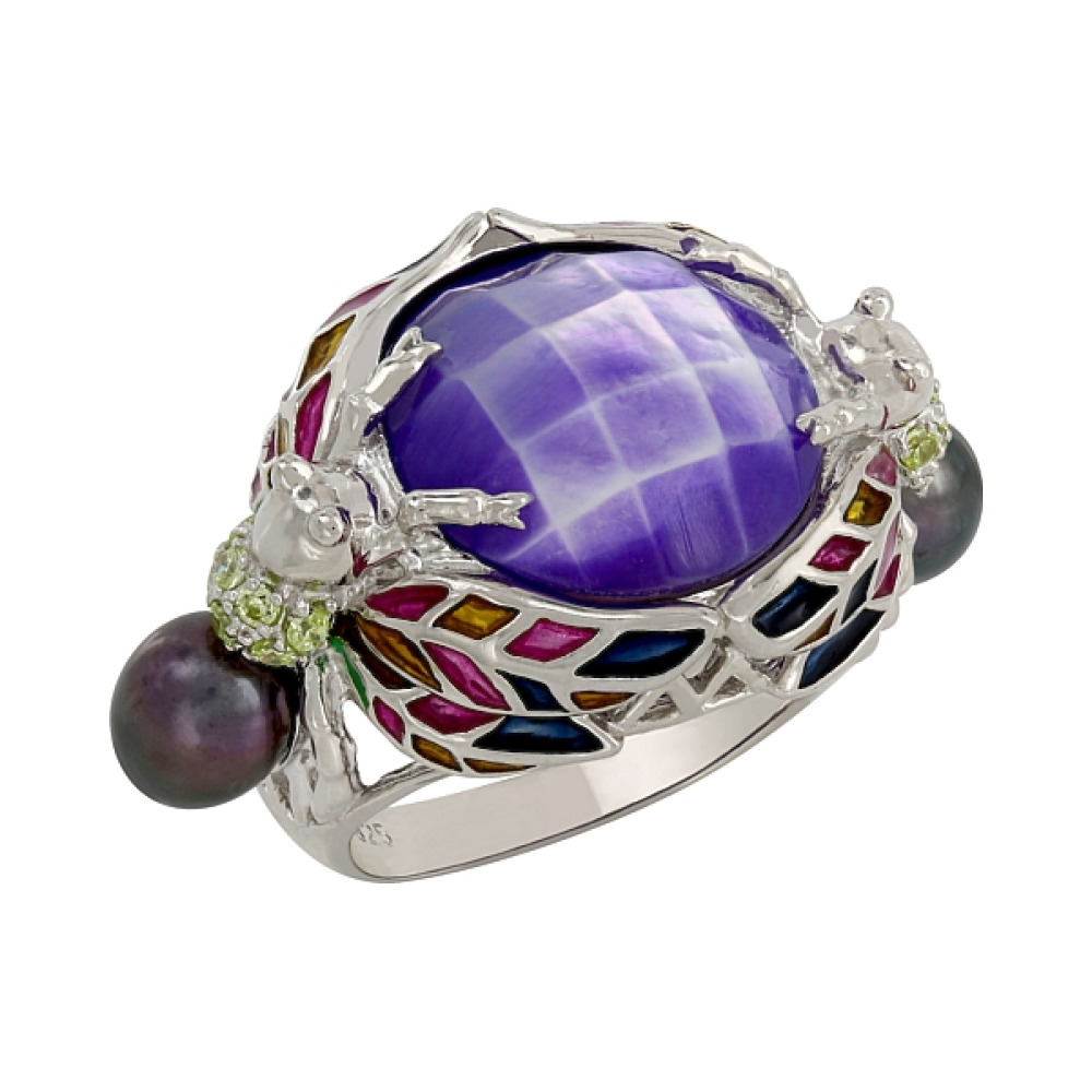 Серебряное кольцо с имитац. жемчуга и фианитом № 107331