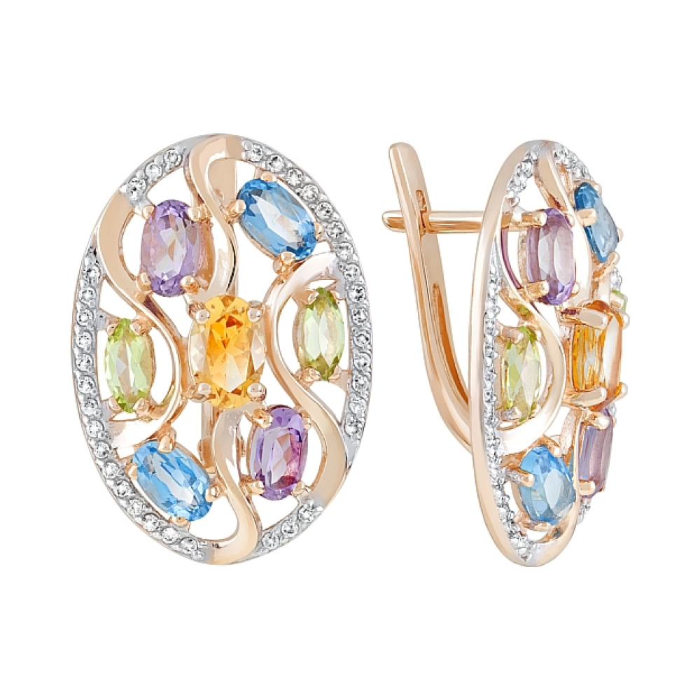 Золотые серьги с полудрагоценными  вставками и фианитом № 120479