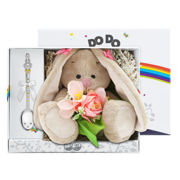 Набор д/малышей DODO Зайка : игрушка Зайка Ми и ложка с позолотой из серебра 925 пробы