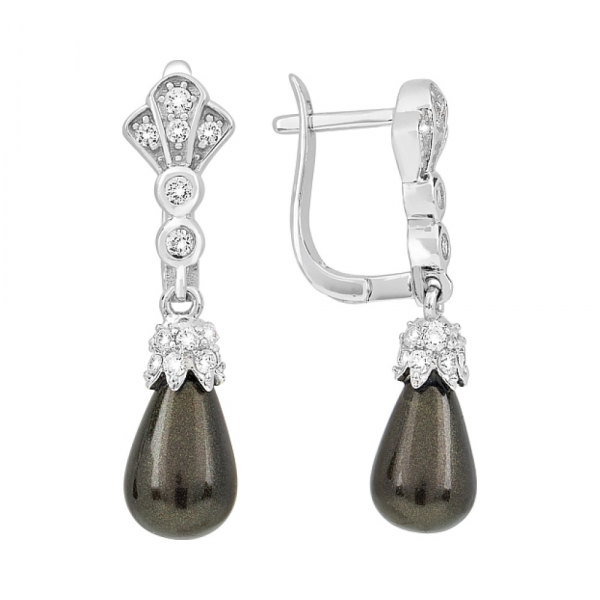 Серебряные серьги с имитац. жемчуга и фианитом № 117461