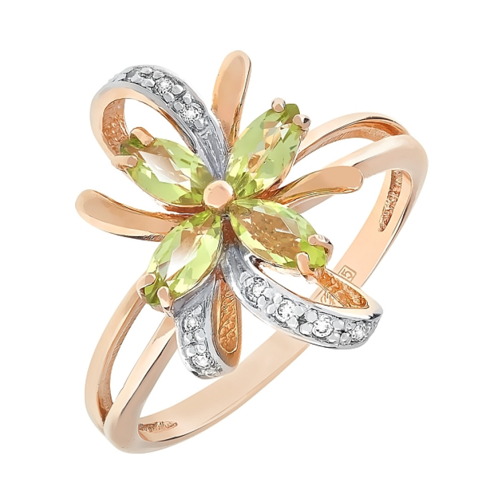 Золотое кольцо с хризолитом и фианитом № 105185