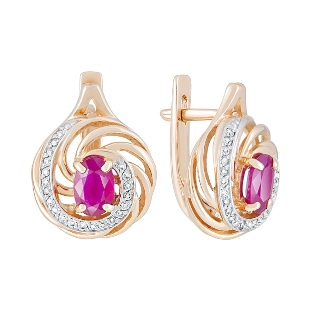 Золотые серьги с бриллиантом и рубином № 121273