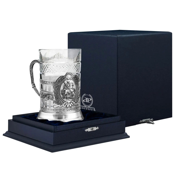 Подстаканник Георгий Победоносец гербовый с чернением в футляре из серебра 925 пробы