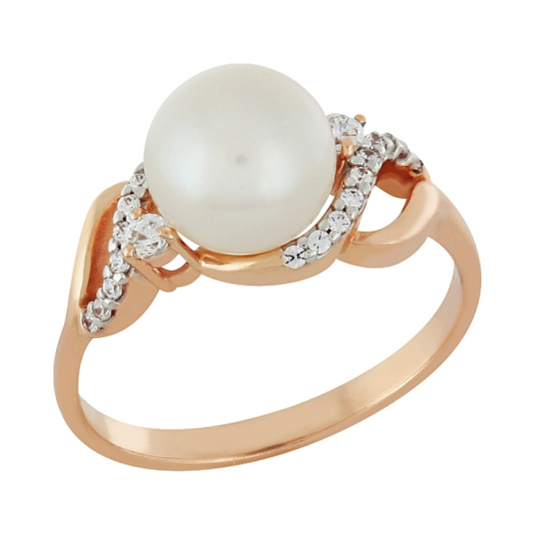 Золотое кольцо с жемчугом и фианитом № 100936