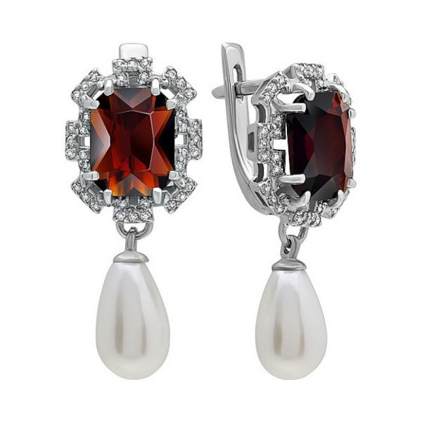 Серебряные серьги с алпанитом, перламутровым жемчугом и фианитом  № 134557