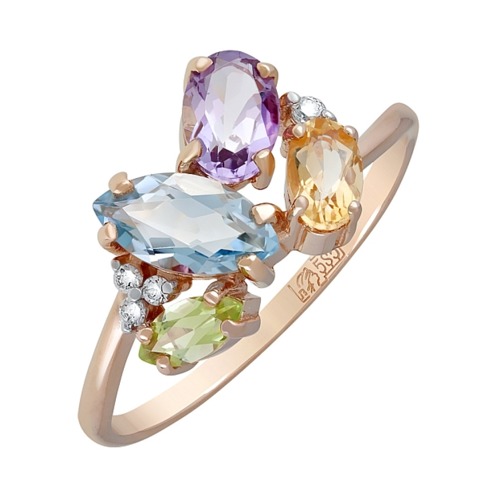 Золотое кольцо с полудрагоценными вставками и фианитом № 120895