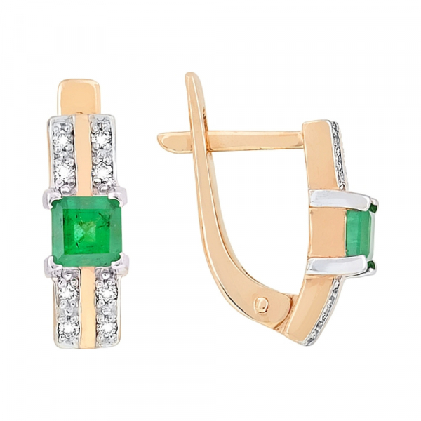 Золотые серьги с бриллиантом и изумрудом № 77448