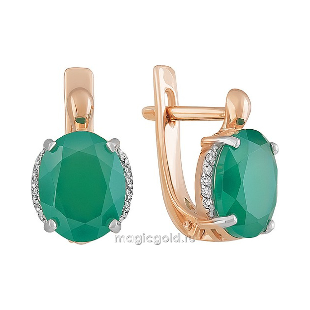 Золотые серьги с зеленым ониксом и фианитом № 162064