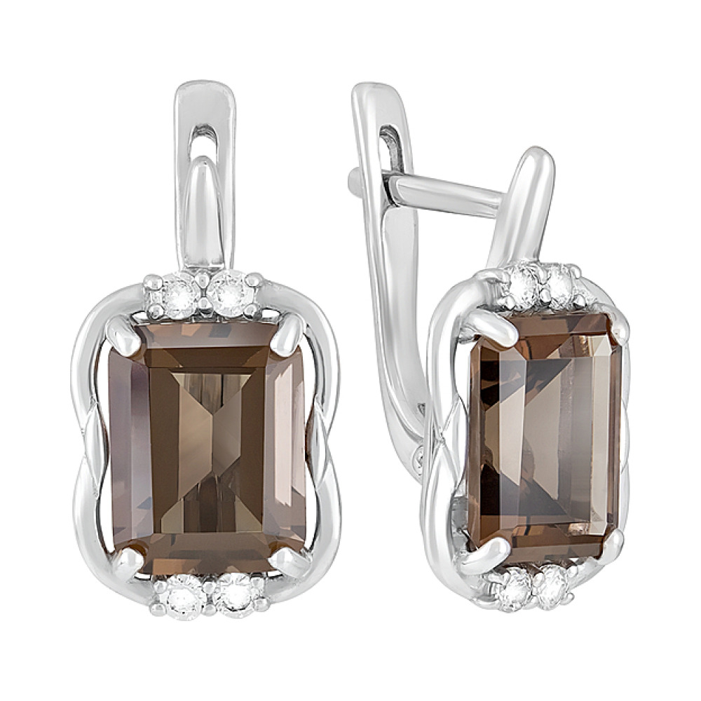 Серебряные серьги с раухтопазом и фианитом № 128126