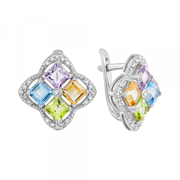 Серебряные серьги с полудрагоценными вставками и фианитом № 131477