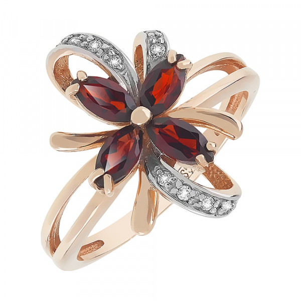 Золотое кольцо с гранатом и фианитом № 96887