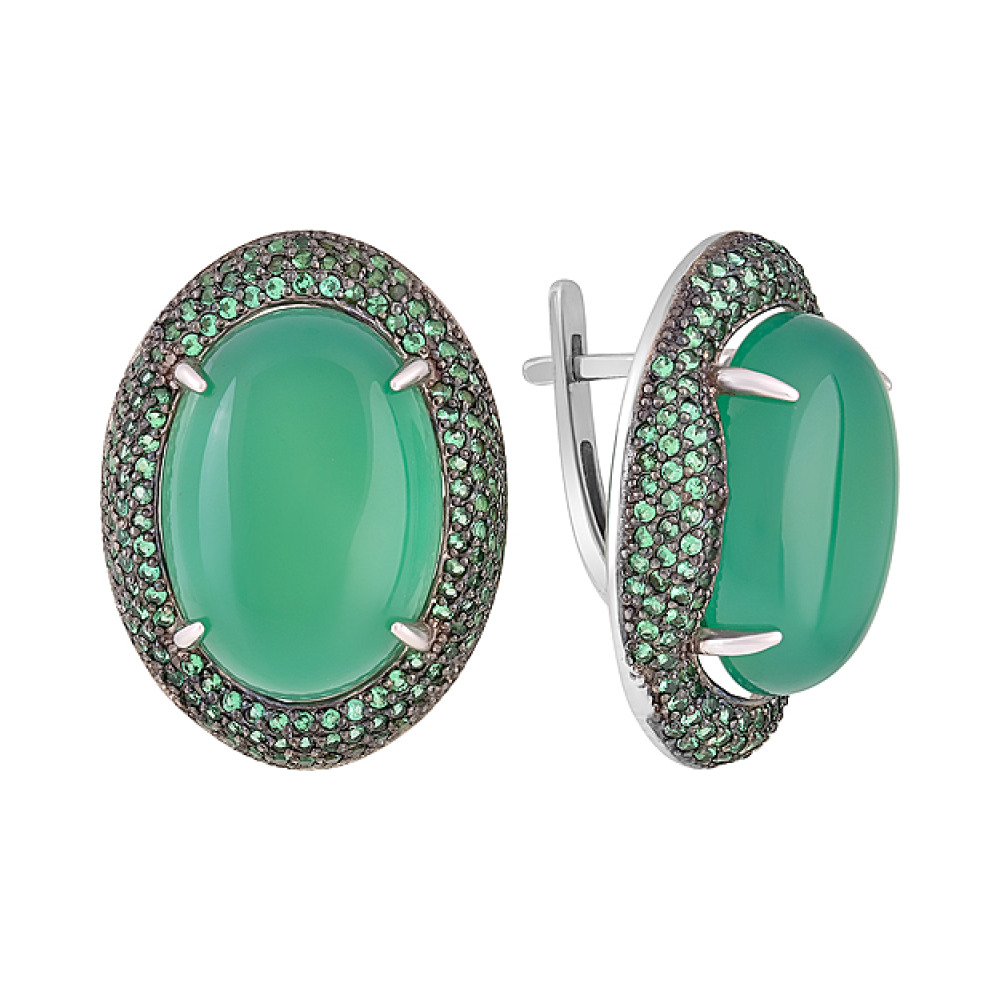 Серебряные серьги с зелёным ониксом и фианитом № 128104