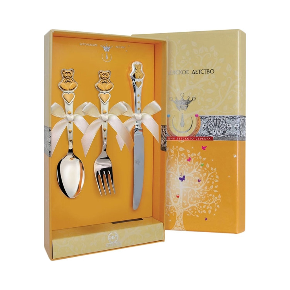 Набор детских серебряных столовых приборов «Мишка» с ножом