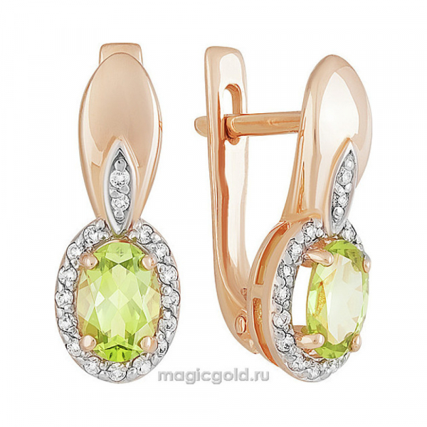 Золотые серьги с хризолитом и фианитом № 142193
