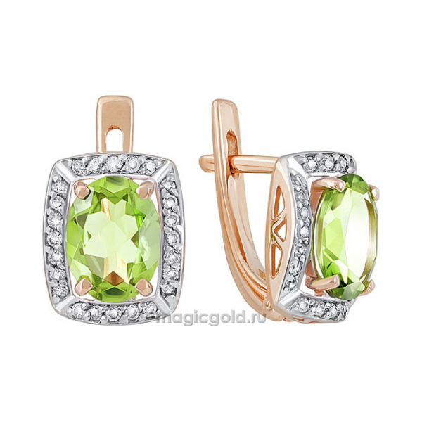 Золотые серьги с хризолитом и фианитом № 141397