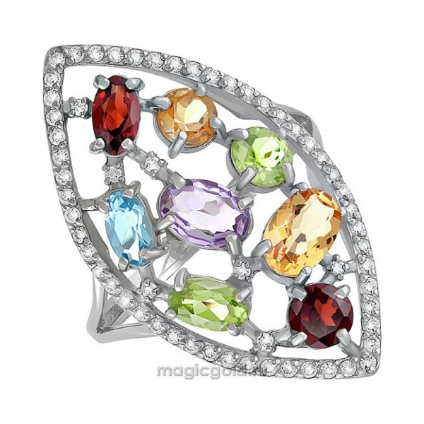 Серебряное кольцо с полудрагоценными вставками и фианитом № 133706