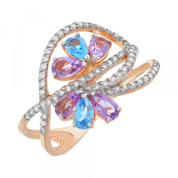 Золотое кольцо с аметистом, топазом и фианитом № 112558