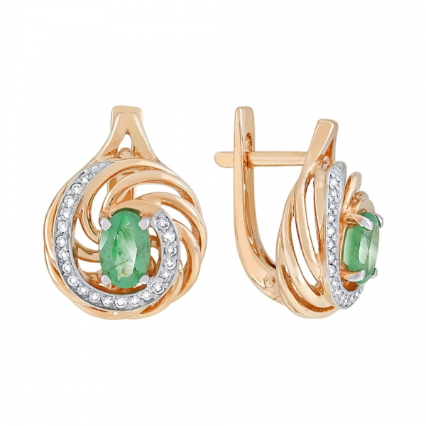 Золотые серьги с бриллиантом и изумрудом № 119875