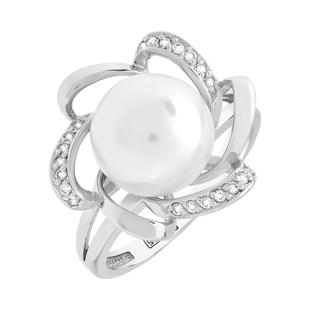 Золотое кольцо с бриллиантом и жемчугом № 100023