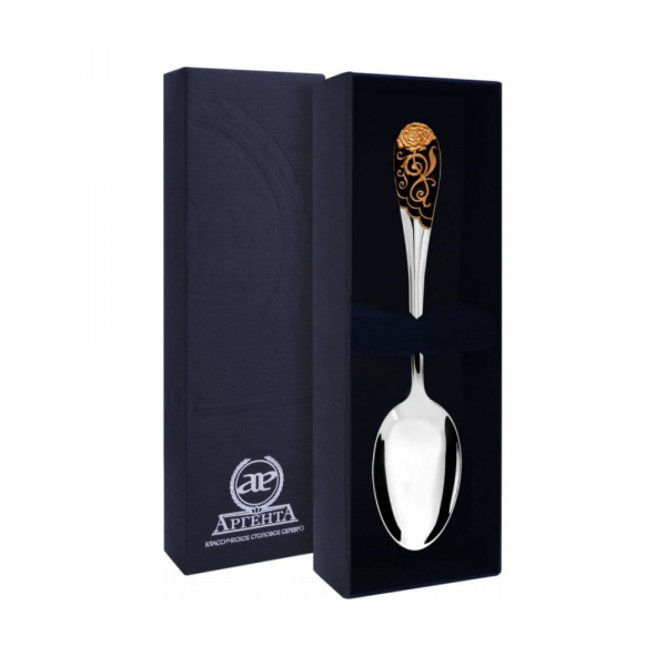 Чайная серебряная ложка «Роза» с позолотой с черной эмалью