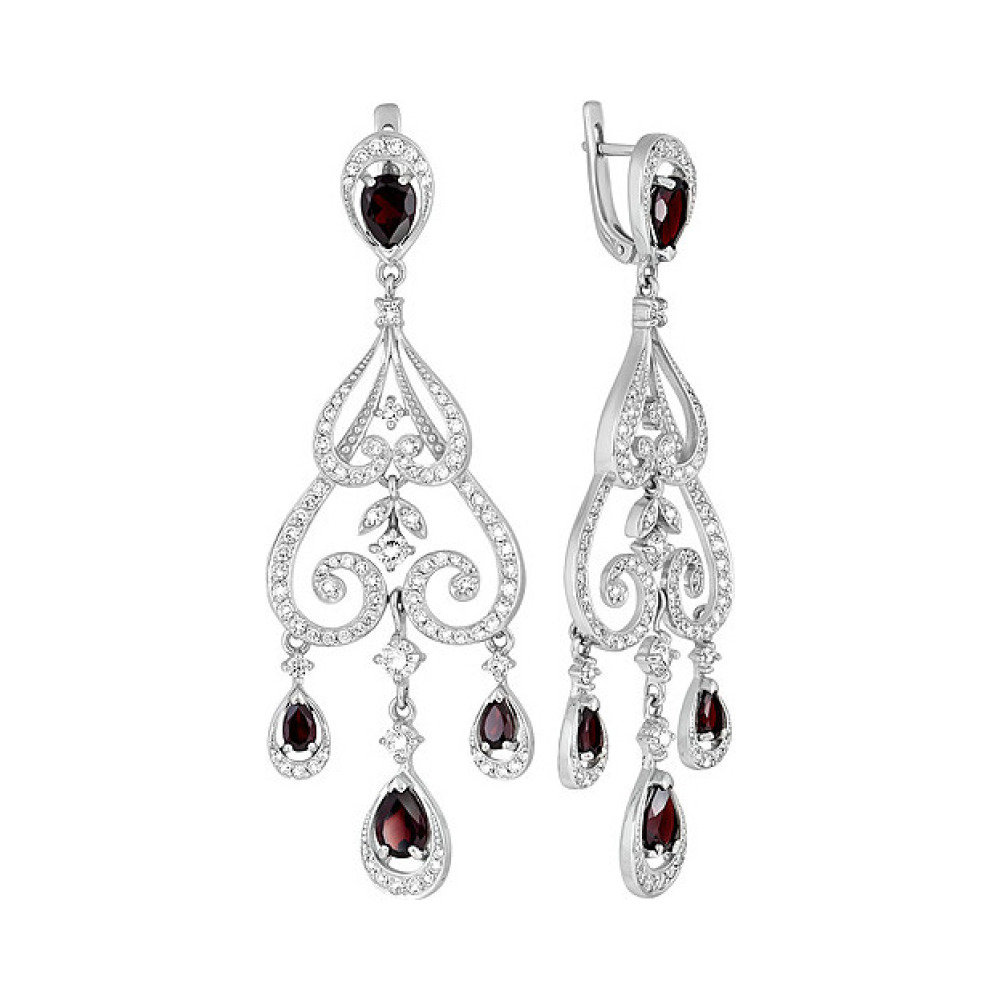 Серебряные серьги с гранатом и фианитом № 131677