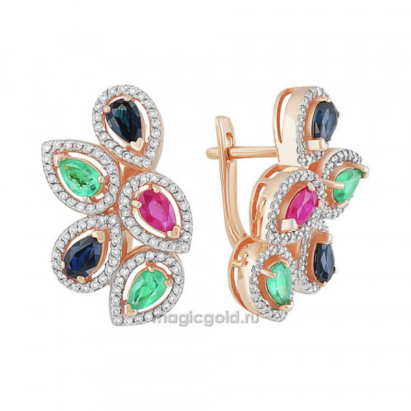 Золотые серьги с драгоценными вставками и фианитом № 156461