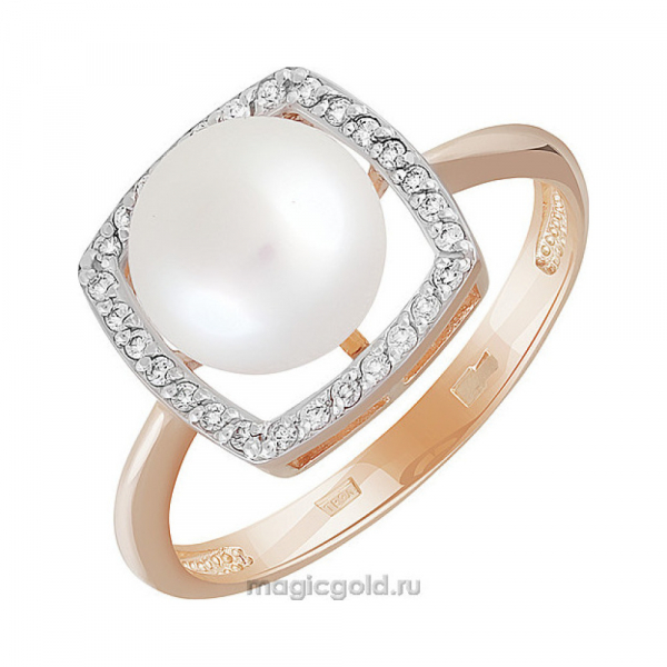 Золотое кольцо с жемчугом и фианитом № 151365