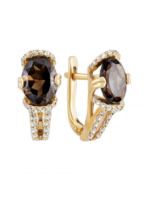 Серебряные серьги с раухтопазом, фианитом и золотым покрытием № 132625