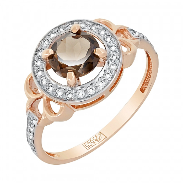 Золотое кольцо с раухтопазом и фианитом № 117566