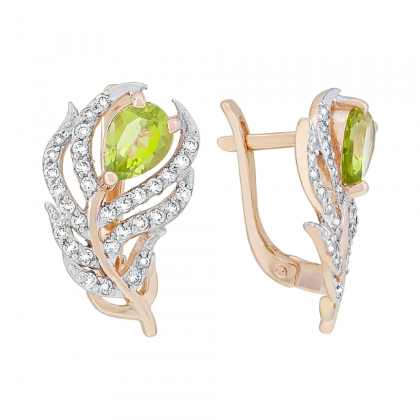 Золотые серьги с хризолитом и фианитом № 117485