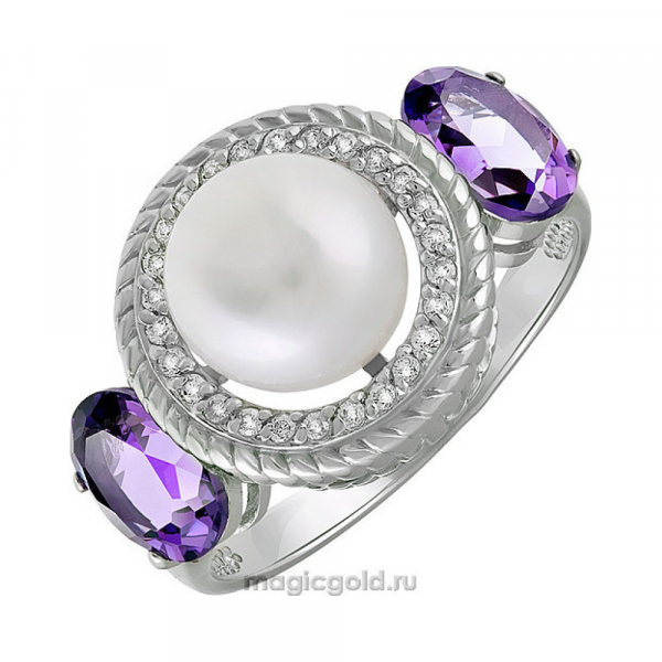 Серебряное кольцо с аметистом жемчугом и фианитом № 135335