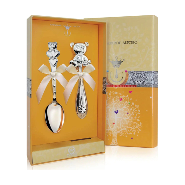 Набор для малышей Медвежонок: ложка и погремушка из серебра 925 пробы