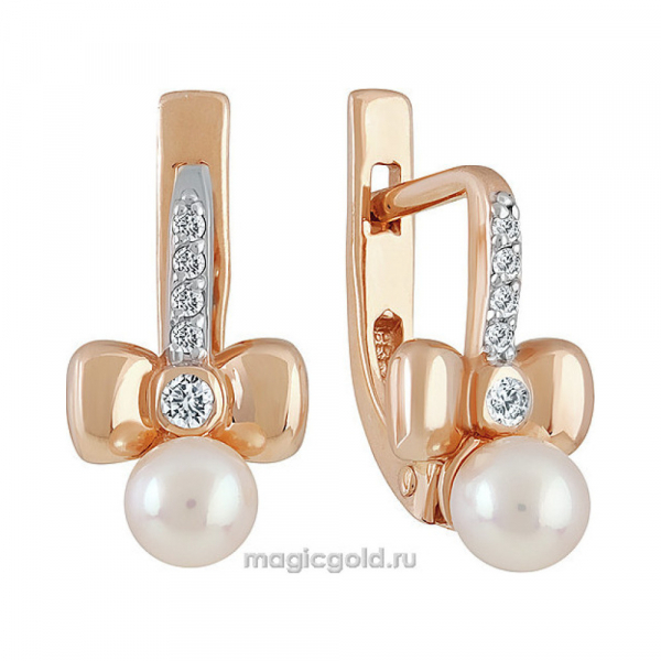 Золотые серьги с жемчугом и фианитом № 140667