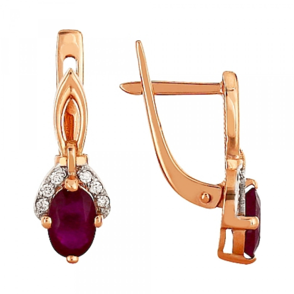 Золотые серьги с бриллиантом и рубином № 96491