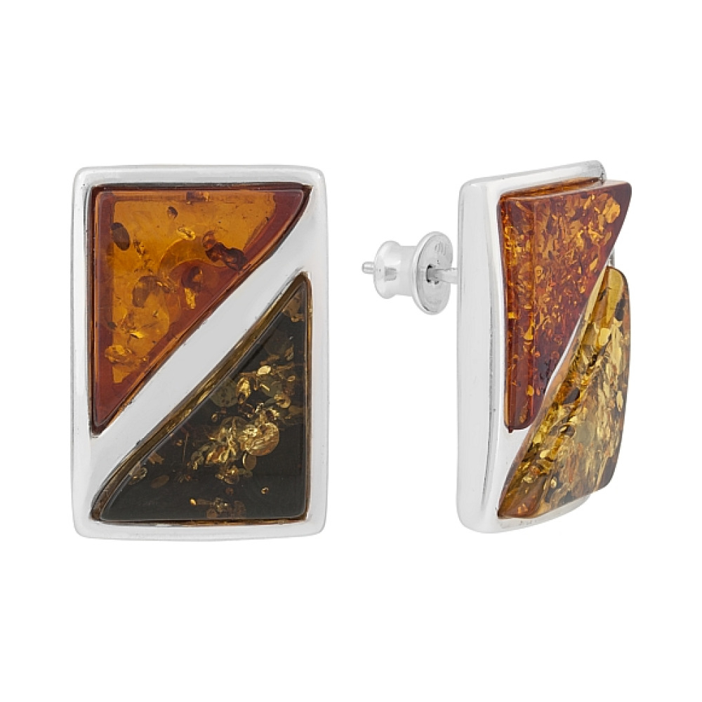 Серебряные серьги с янтарем разноцветным № 7378