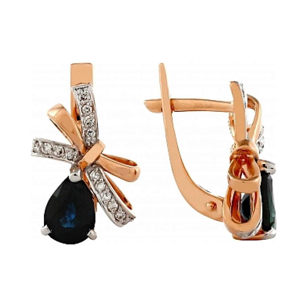 Золотые серьги с бриллиантом и сапфиром № 113122