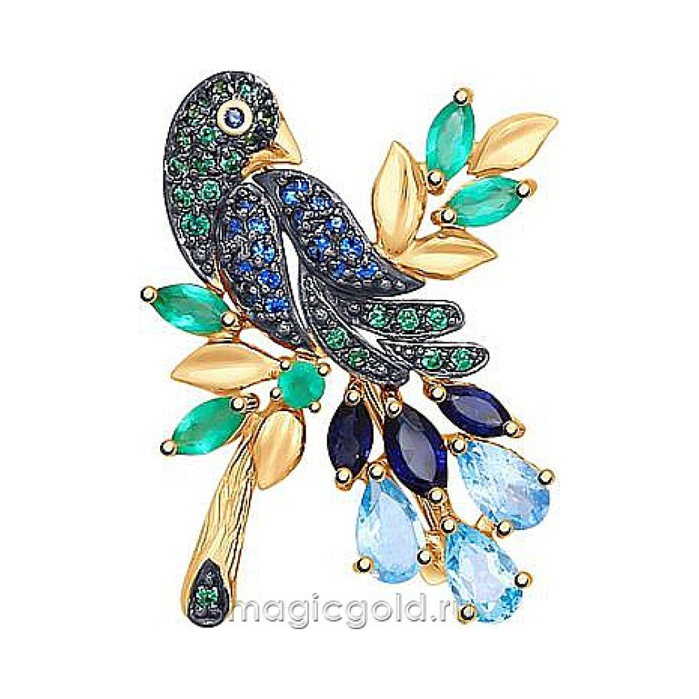 Золотая брошь с полудраг. вставками и фианитом № 164557