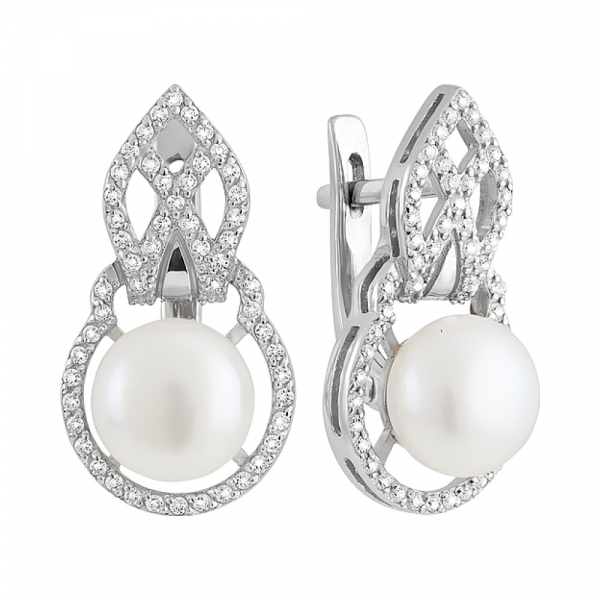 Серебряные серьги с жемчугом и фианитом № 129639