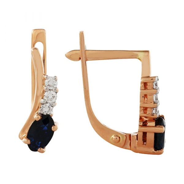 Золотые серьги с бриллиантом и сапфиром № 99136