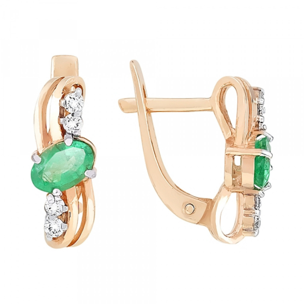 Золотые серьги с бриллиантом и изумрудом № 96925