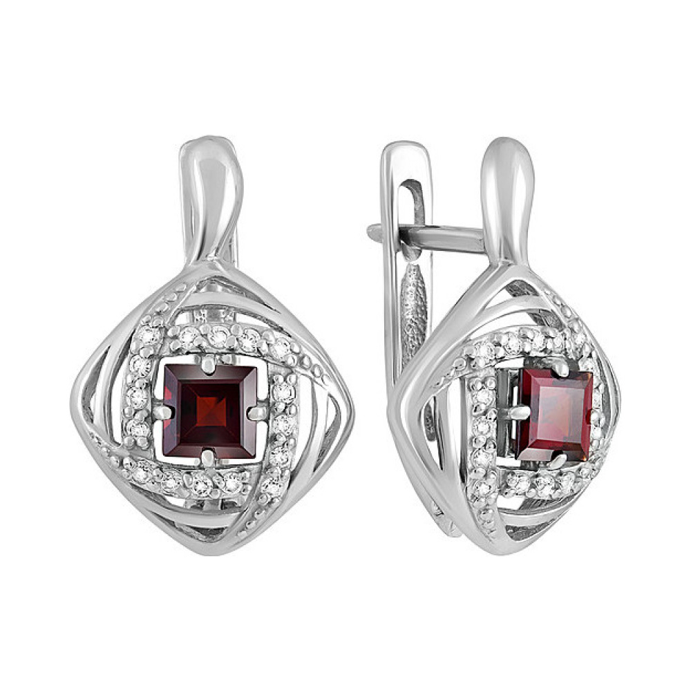 Серебряные серьги с гранатом и фианитом № 132028